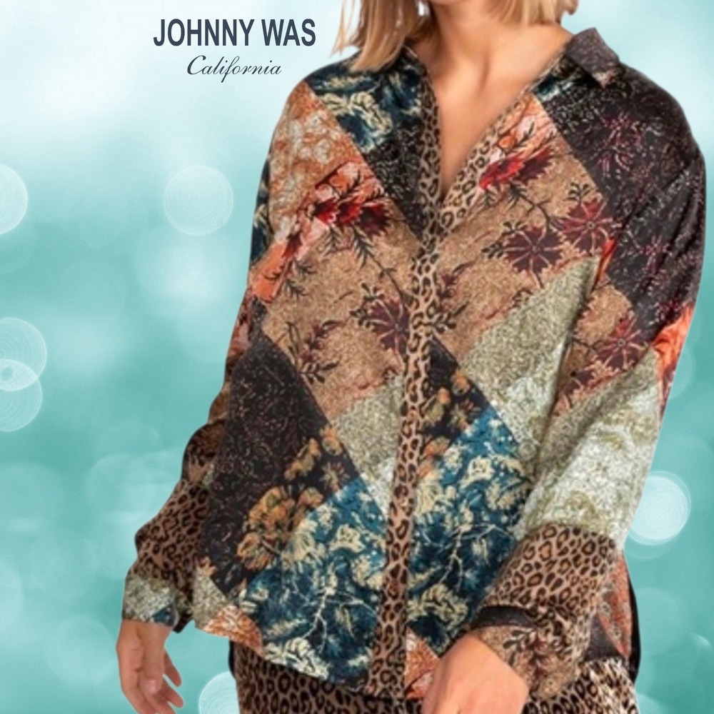 Johnny Was Womens Mabel Silk Patchwork Leopard Floral Button Down Shirt Multi 1X